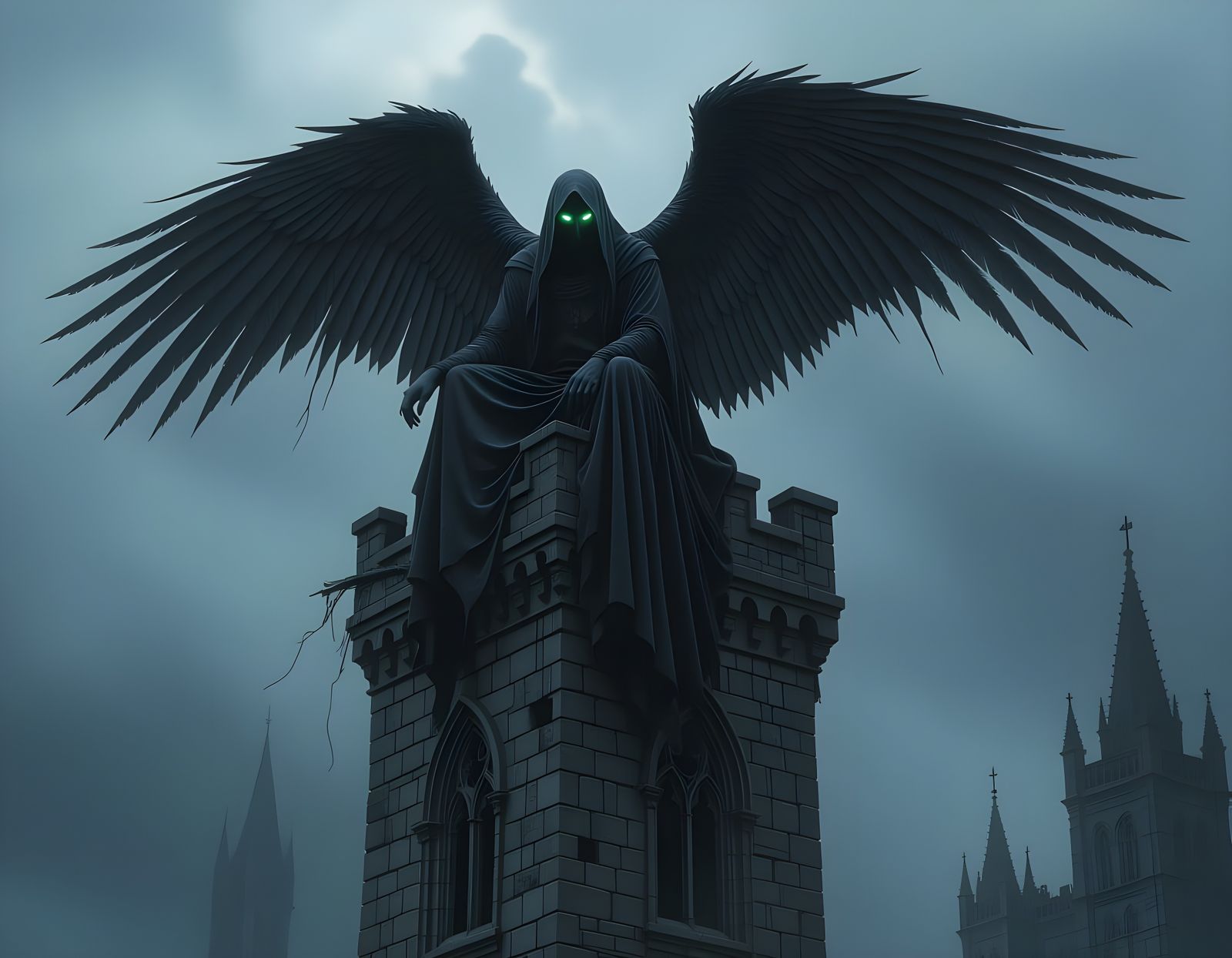 Harpy Perched Atop Gothic Tower, Dark Fantasy Art