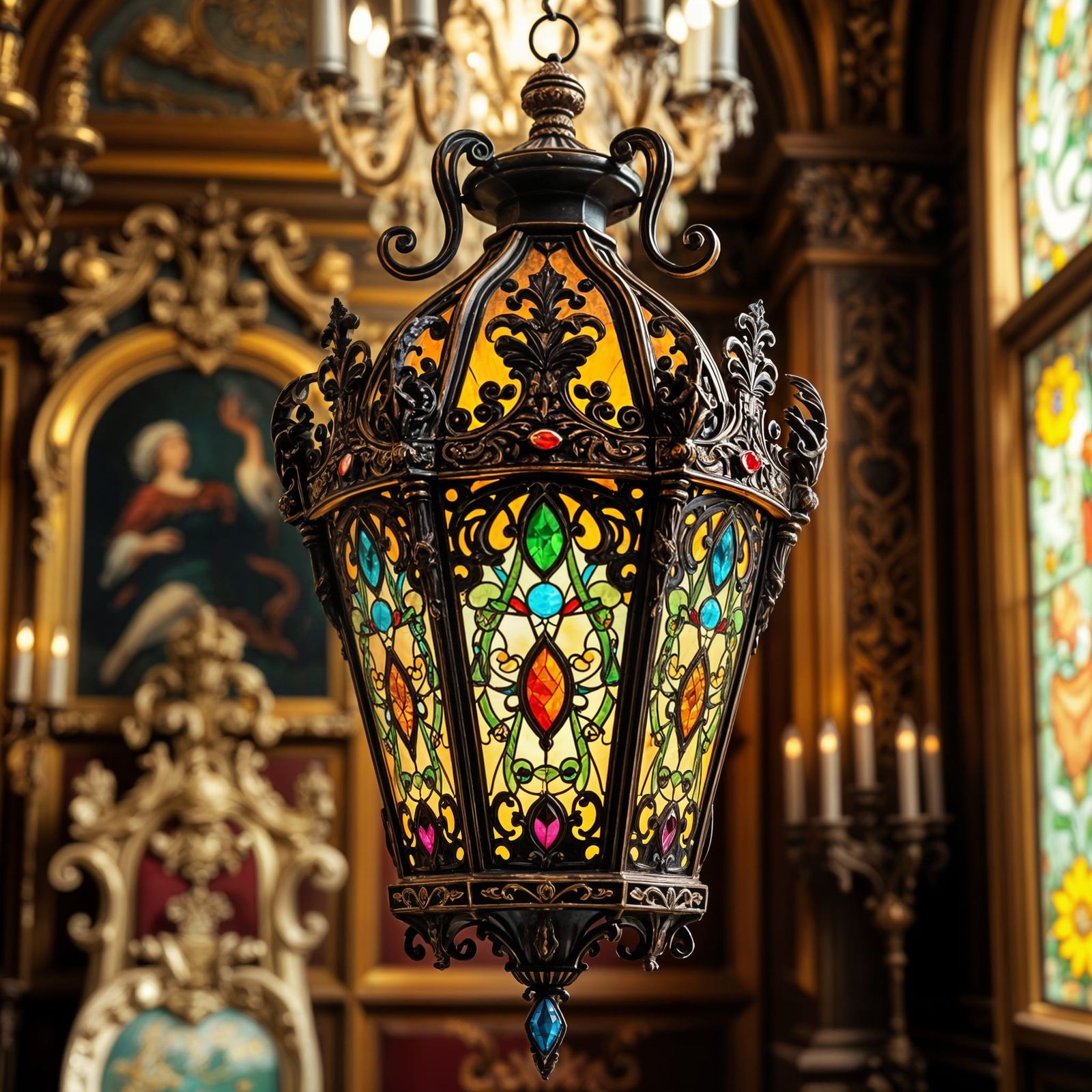Ornate Lantern with Stained Glass in Victorian Room