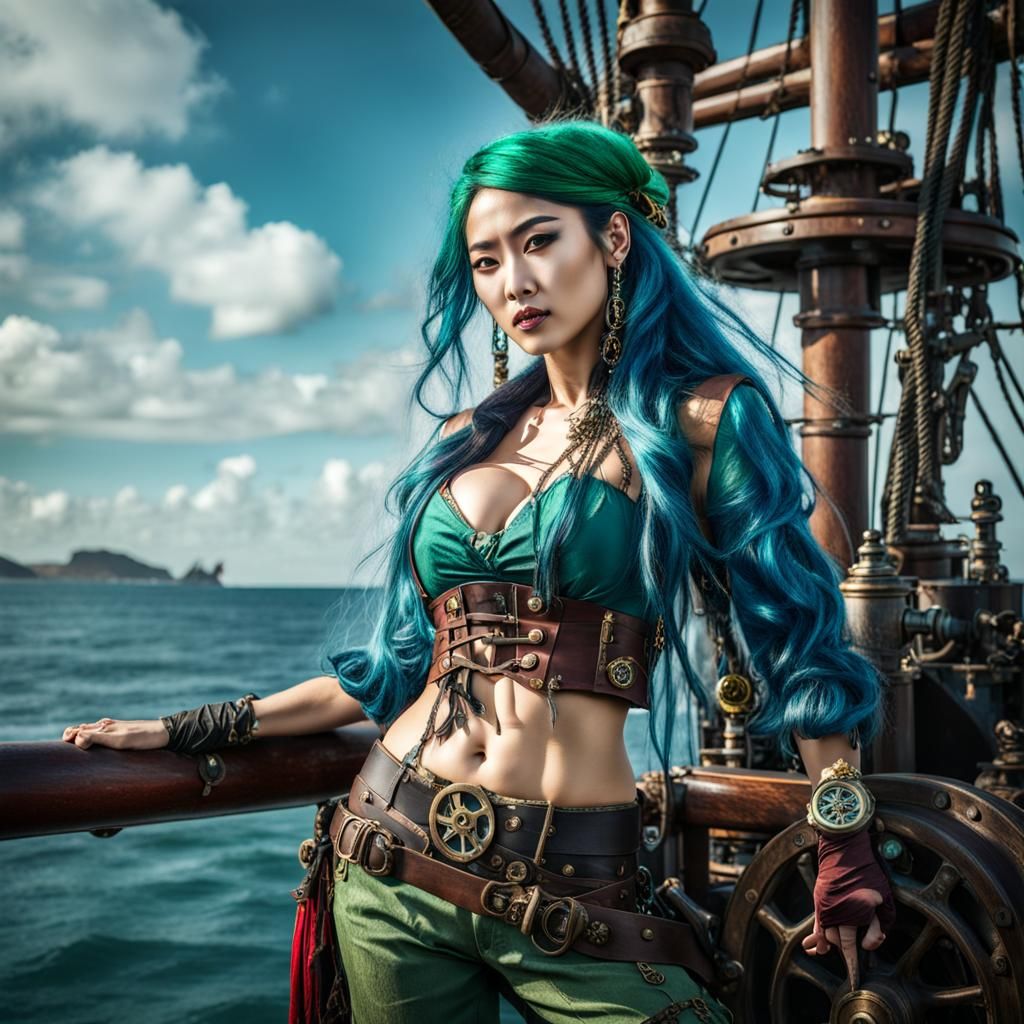Asian Pirate with Steampunk Engine at Sea