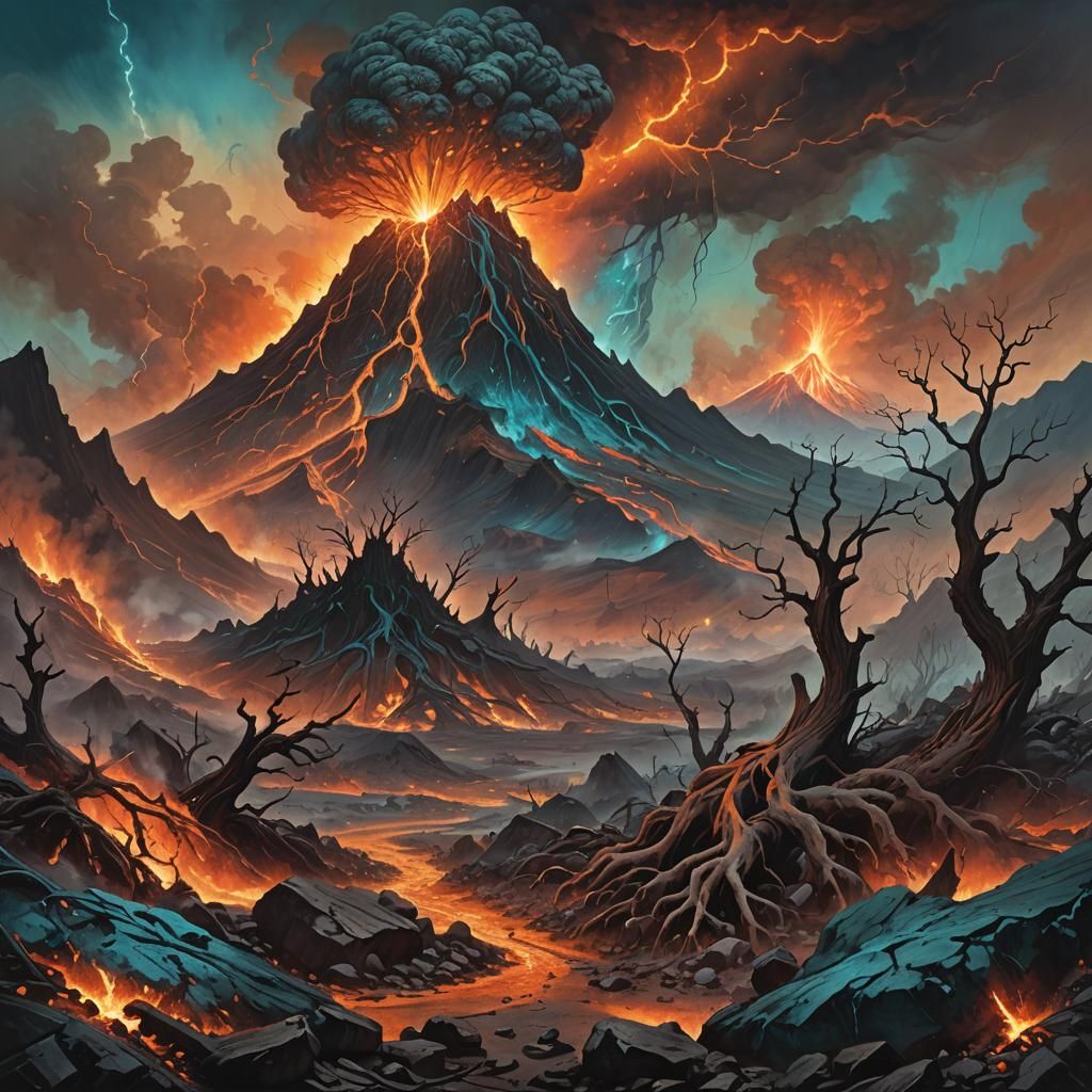 Volcano Eruption in Apocalyptic Landscape, Trending Art