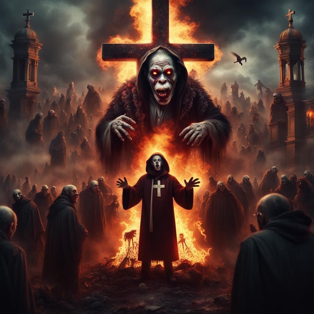 Zombie Monkey Monster Clown Priests Surrounding A Burning Christian Cross