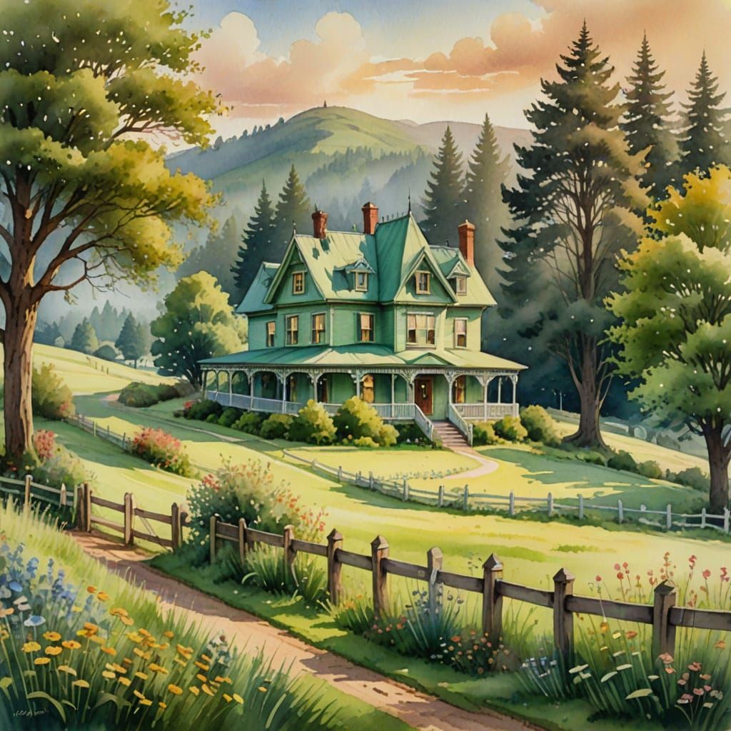 Victorian Home in Meadow, Watercolor Painting