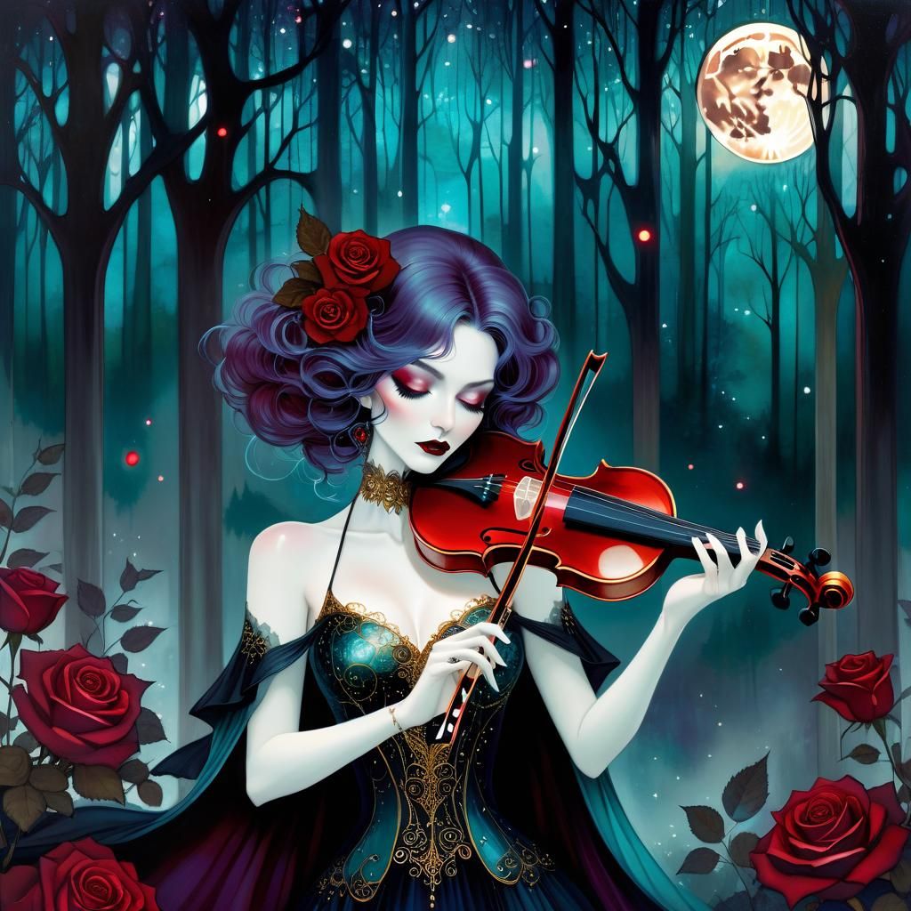 Vampire Woman's Enchanting Violin Serenade in Forest