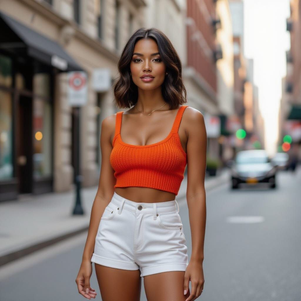 Woman in Orange Outfit on City Street