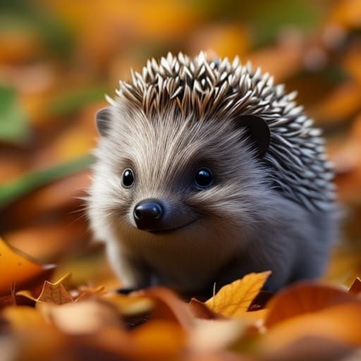 Adorable Hedgehog in Autumn Leaves, Fine Illustration