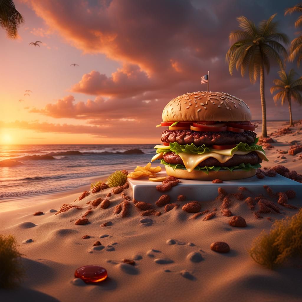 Beachside Hamburger at Sunset: Detailed Matte Painting