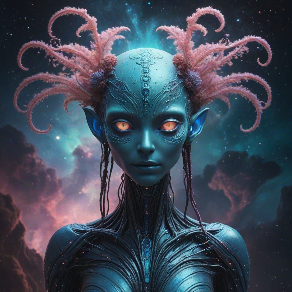 Genderless Alien with Bioluminescent Flora and Nebula