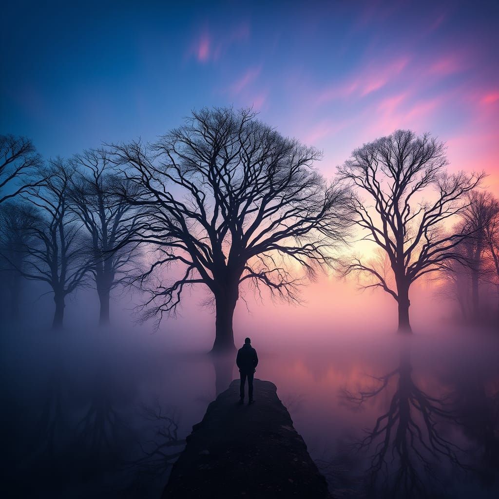Lone Figure at Dawn on a Serene Misty Lake