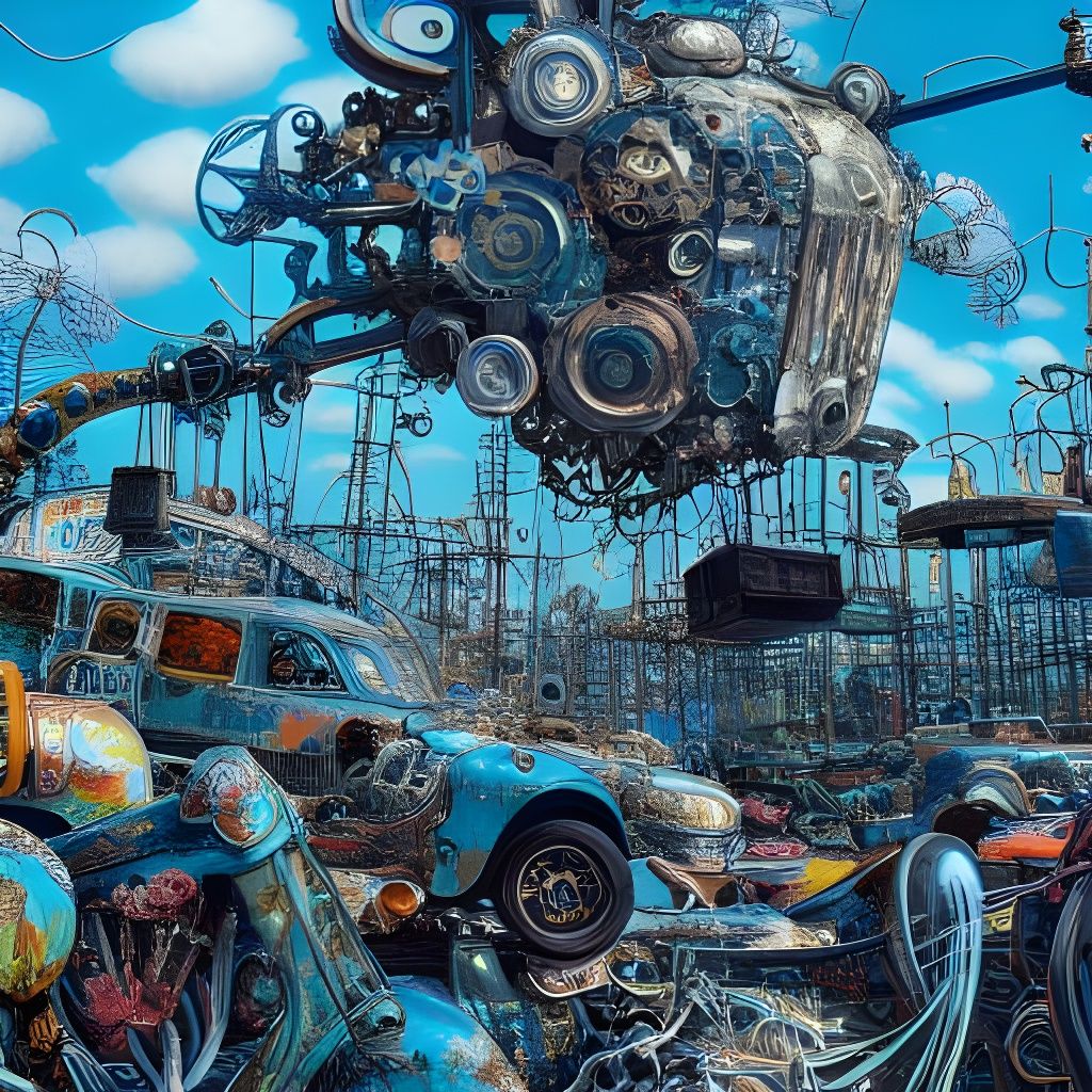 Surreal Junkyard Art under Pale Blue Sky