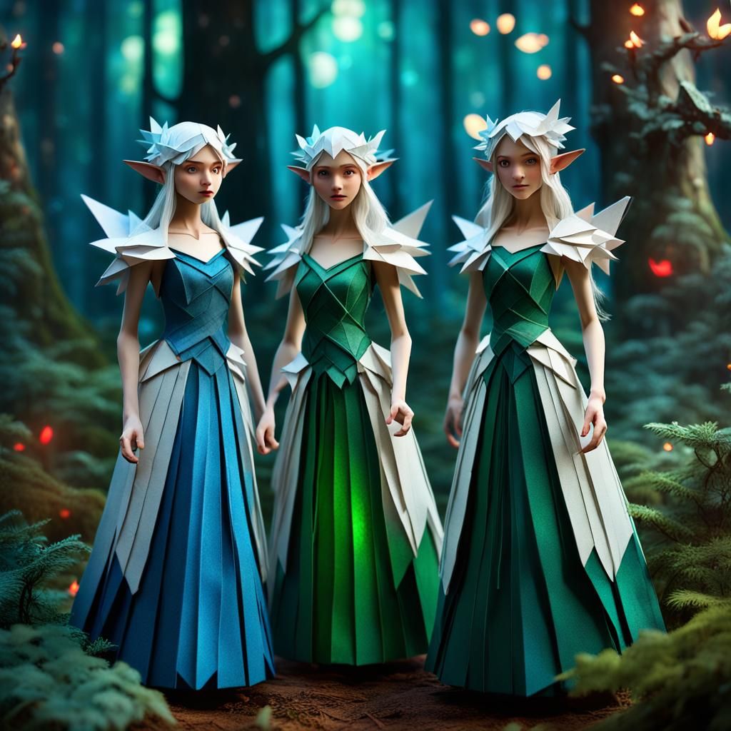 Enchanted Origami Elves in Forest, 3D Render