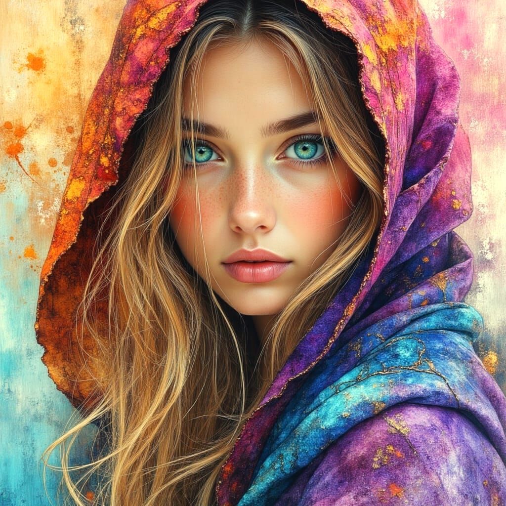 Striking Woman in Hooded Cape with Vibrant Colors
