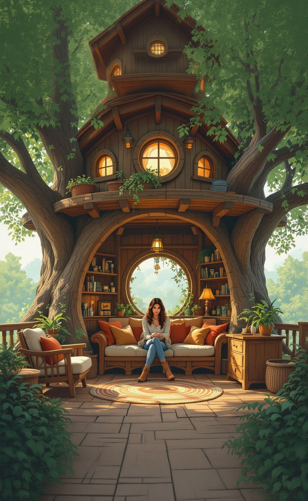 Cozy Treehouse Interior with Rustic Wooden Furniture