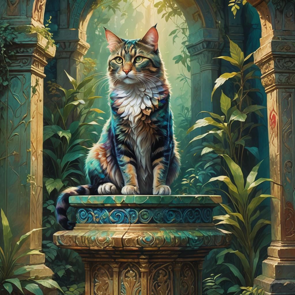Regal Cat on Mystical Pedestal: Fantasy Oil Painting