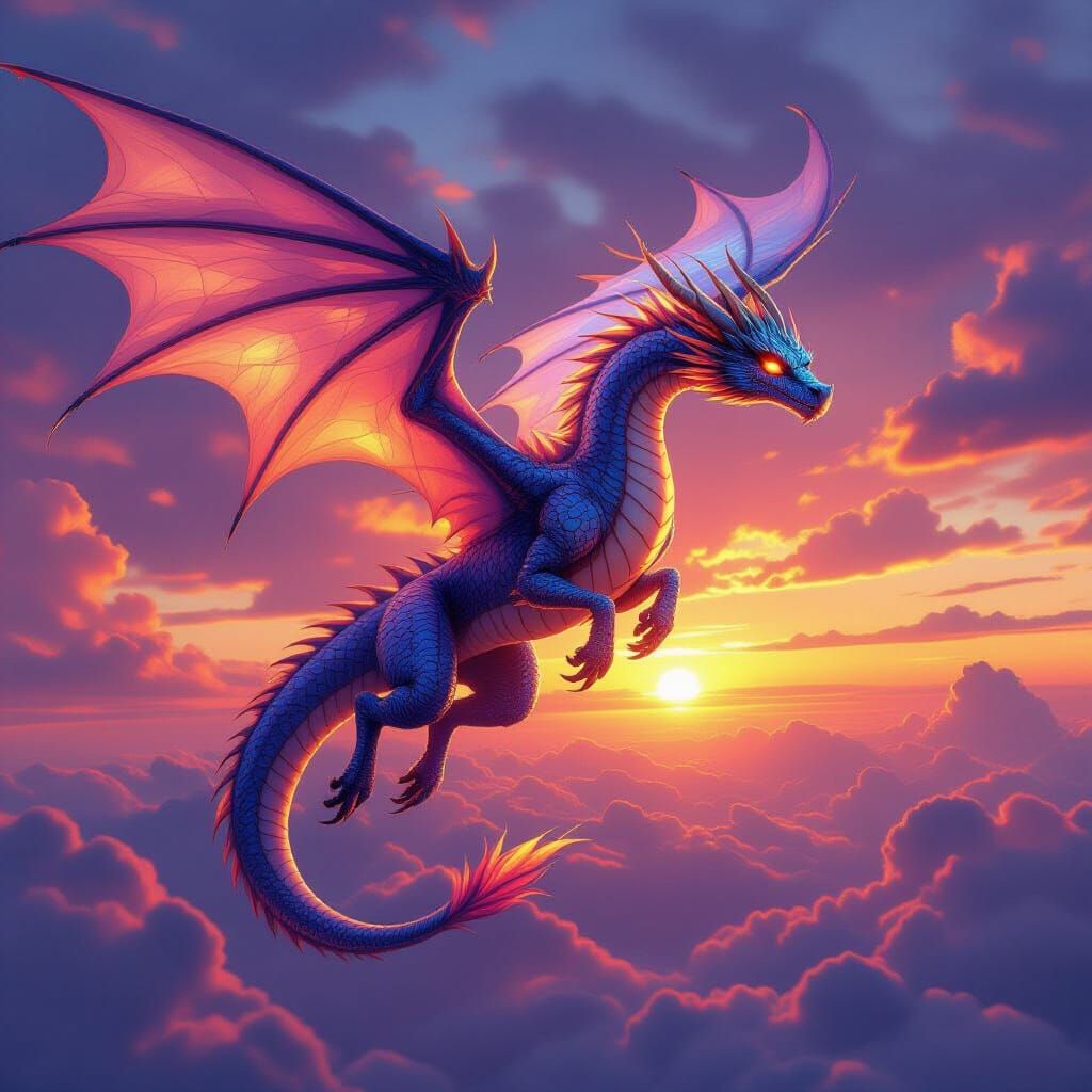 Crystal Dragon Soaring Through Sunset Sky