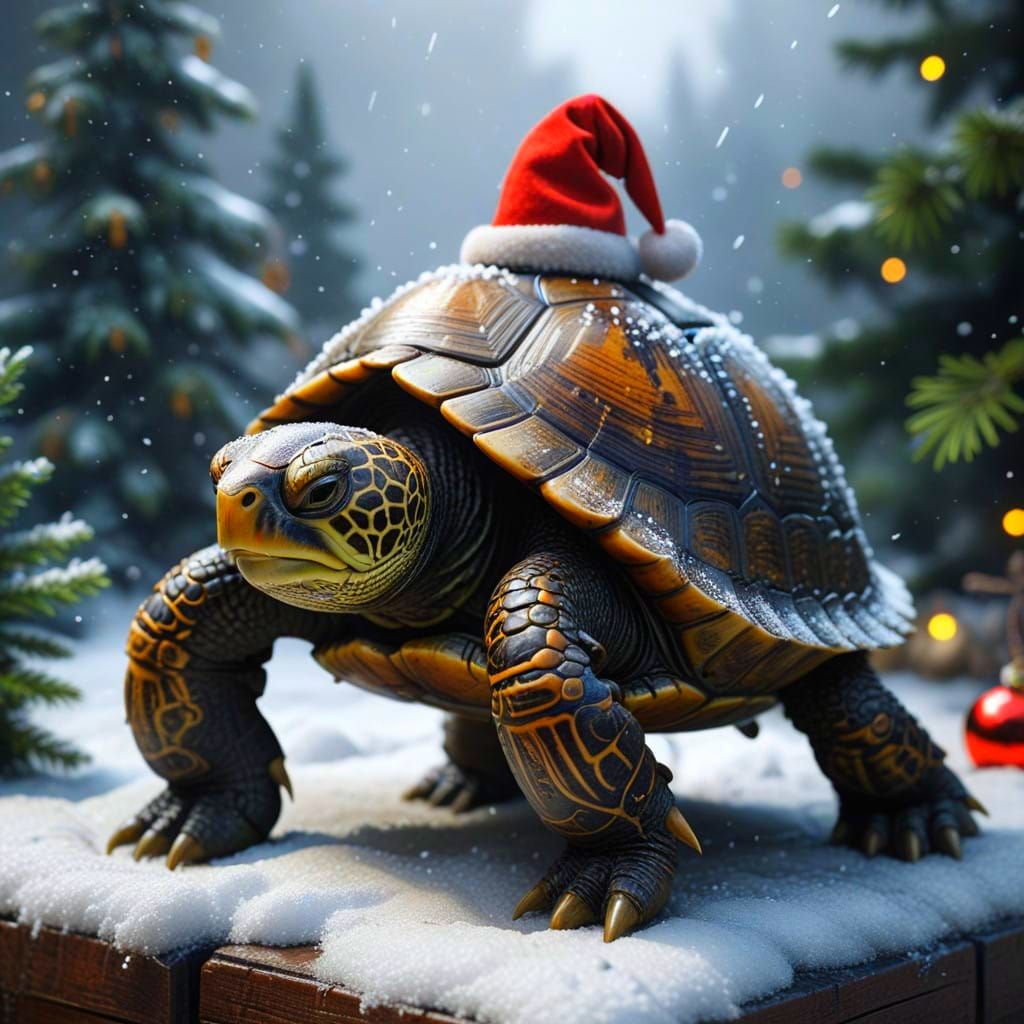 Vibrant Hyperrealistic Christmas Turtle in Cyberpunk Snow