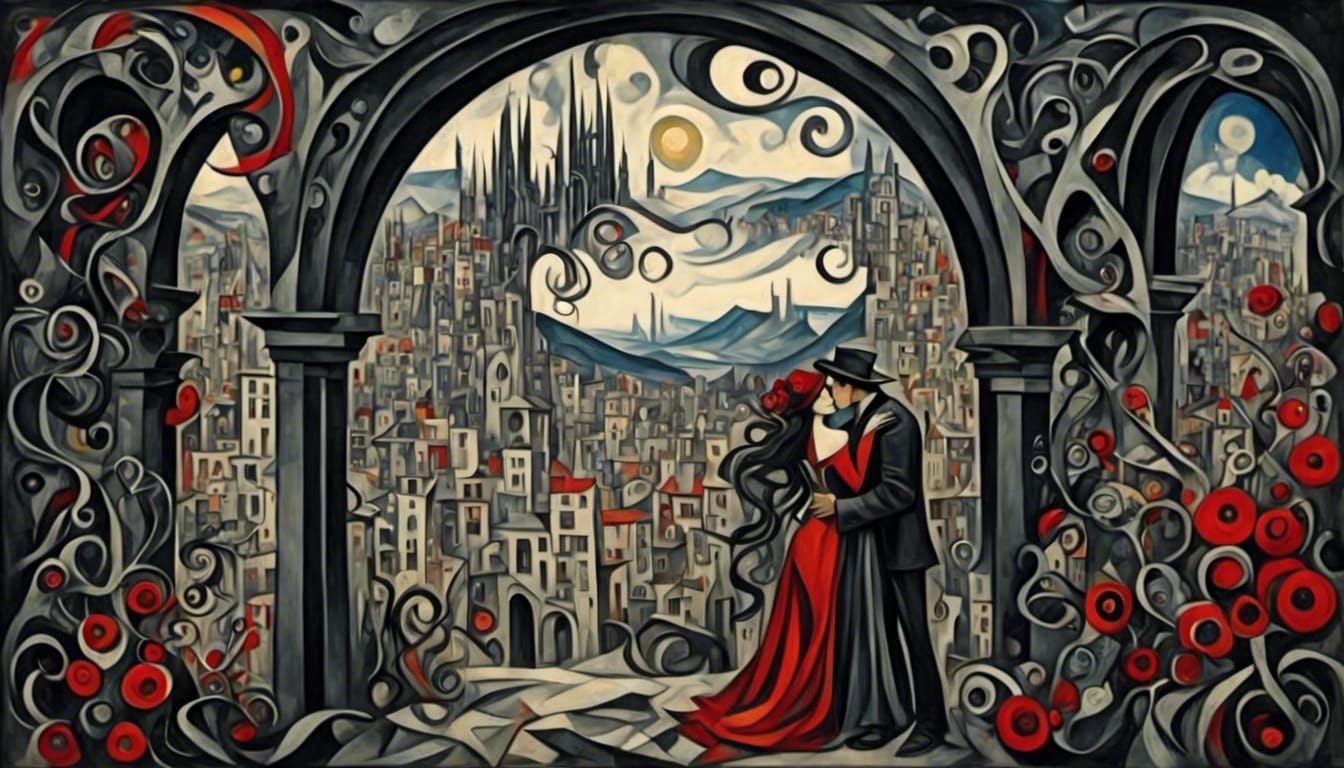 Loving Embrace Under Stone Arch in Cubist Style