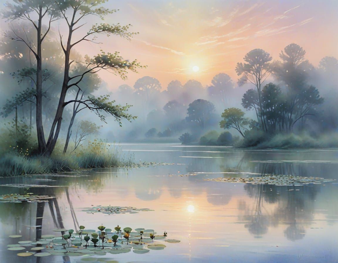 Impressionistic Lake at Dawn in Pastel Hues