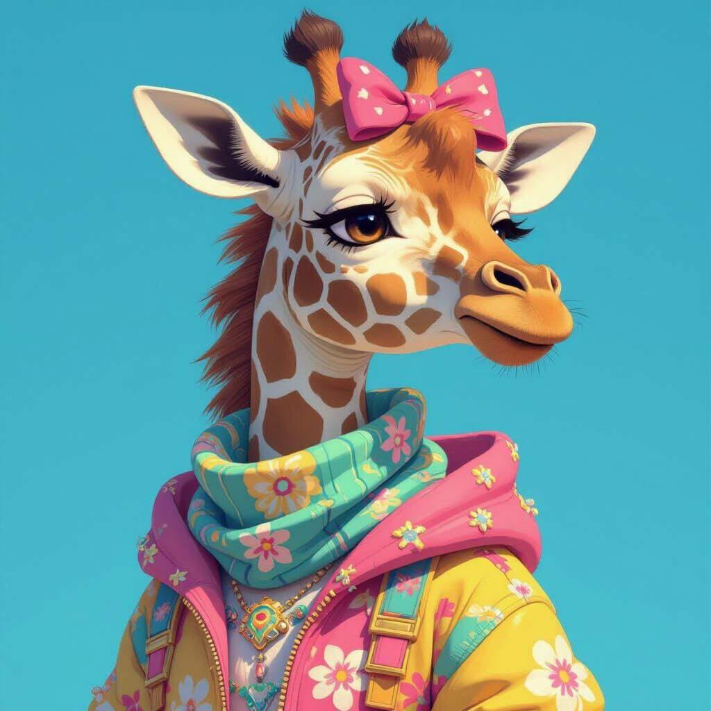 Cheerful Giraffe Portrait in Vibrant Anime Style
