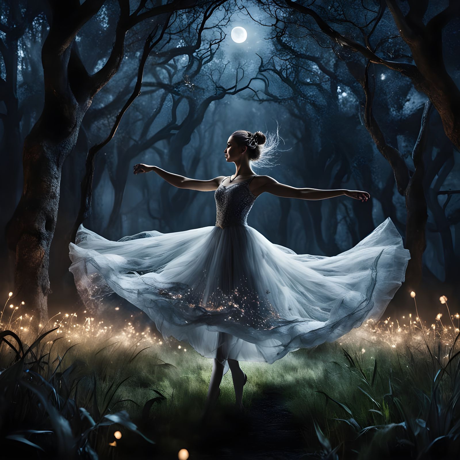 Ballerina Dances in Enchanted Forest at Night