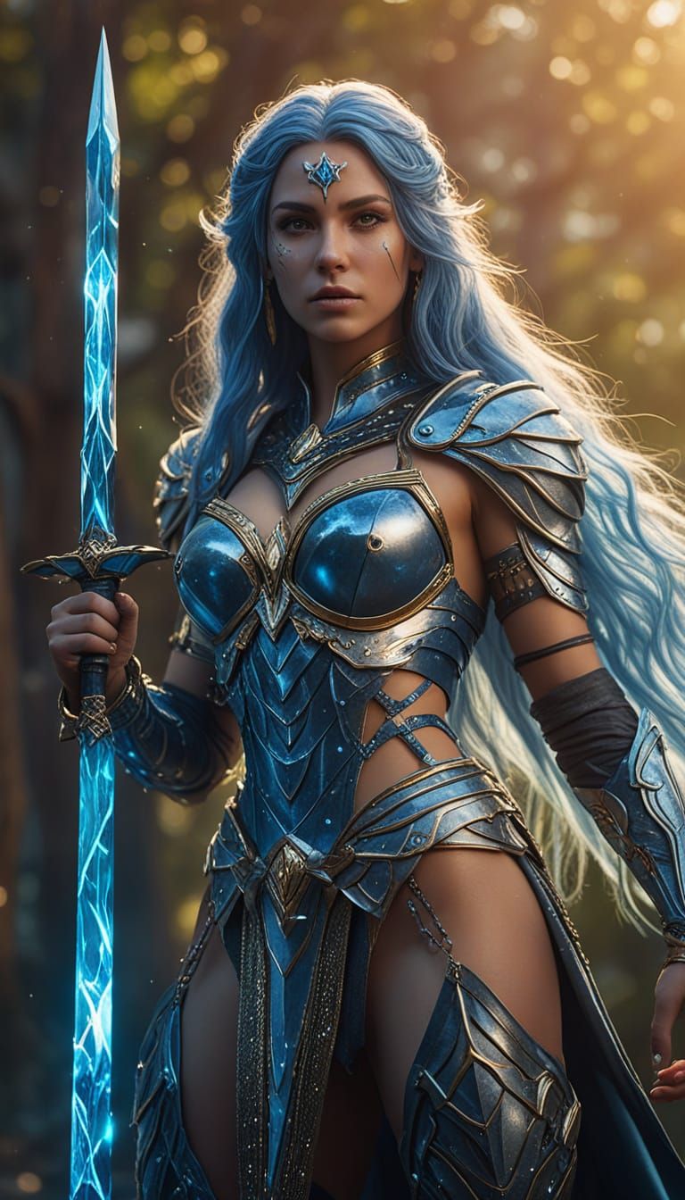 Female Warrior with Crystalline Armor in Digital Art