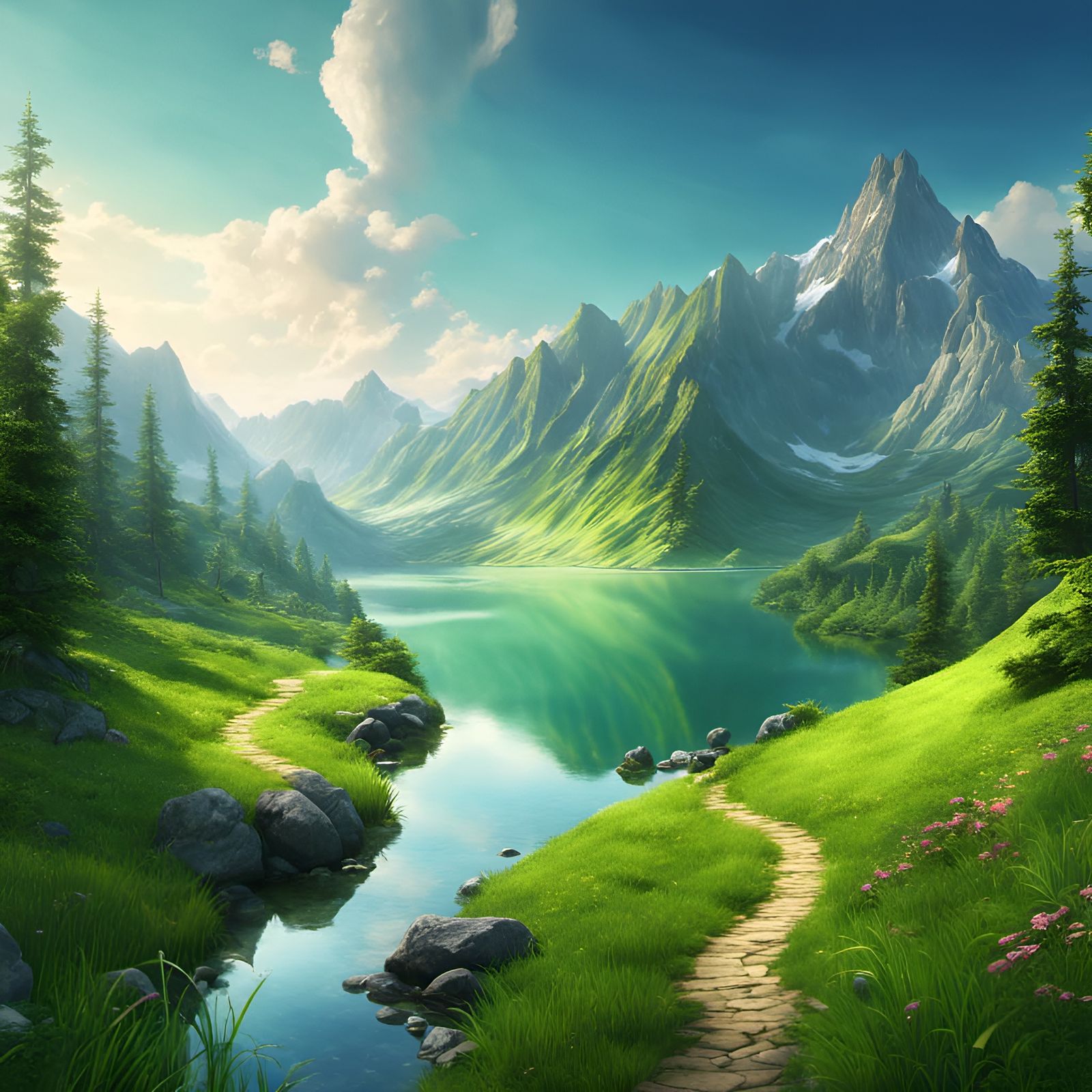 Lush Mountain Lake Fantasy Landscape Art