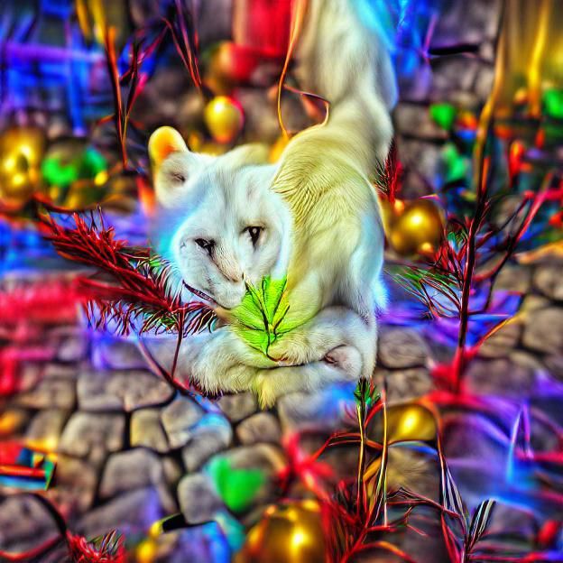 Festive White Cat with Christmas Tree in HDR