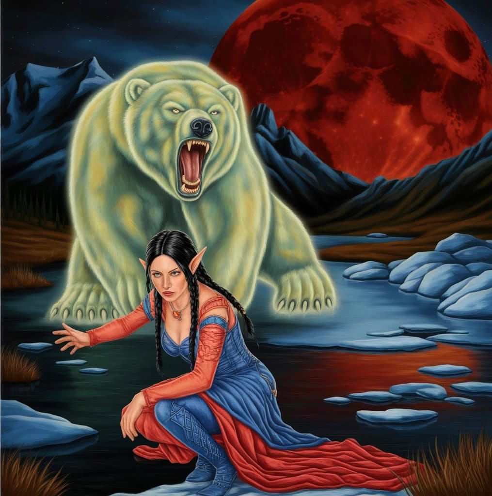 Ethereal Elven Woman Summons a Polar Bear Spirit Under a Blo...