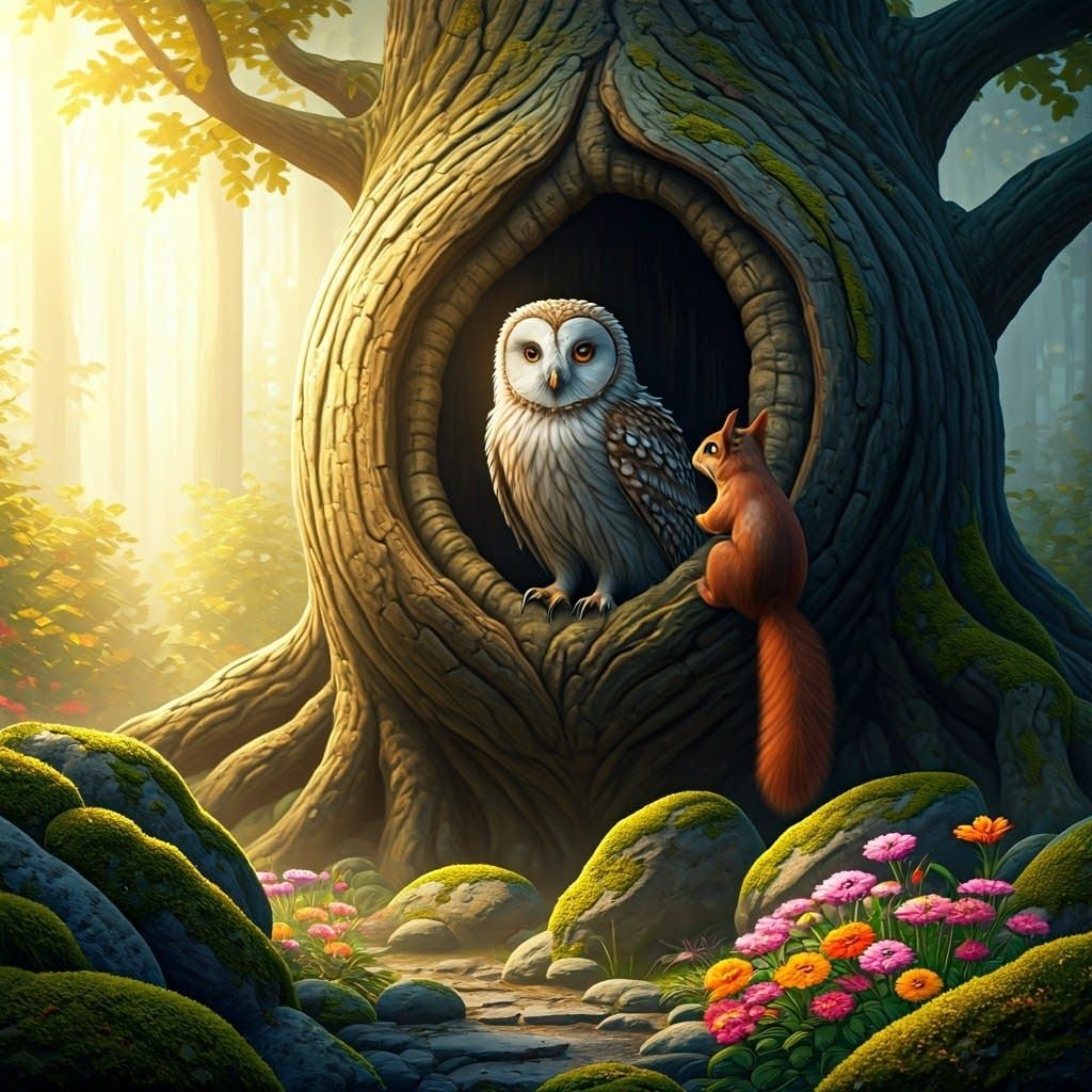 Hyperrealistic Mage Owl in Ancient Tree