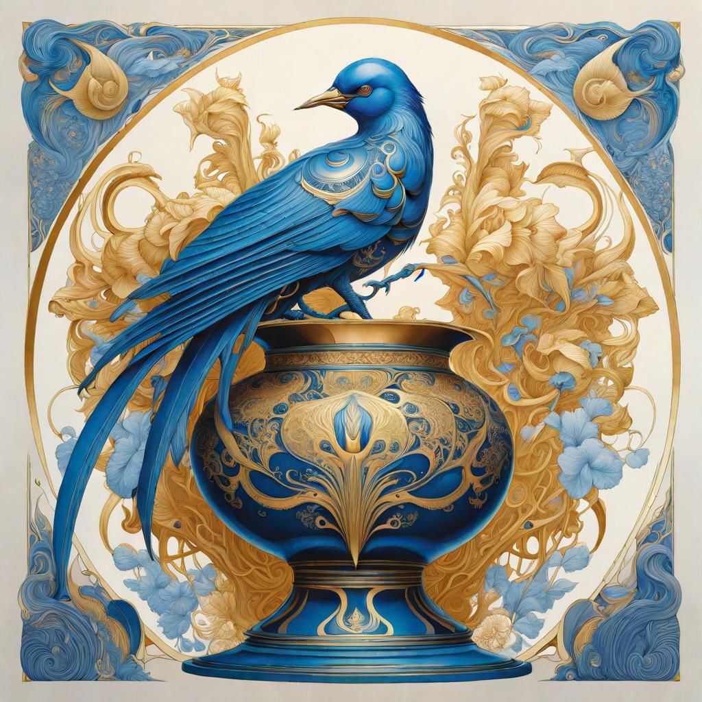 Magical Vase Bird Creature in Elaborate Ink Illustration
