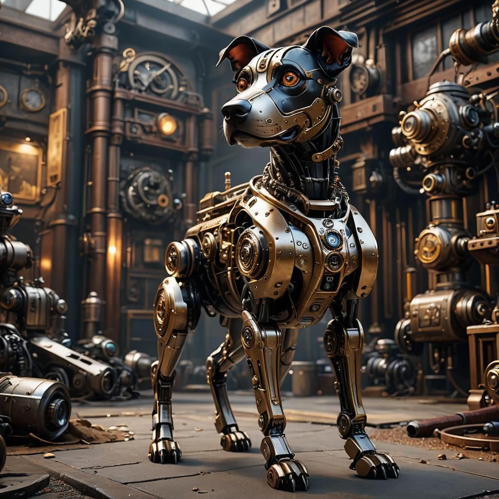 Steampunk Robot Dog Portrait in Detailed Lab