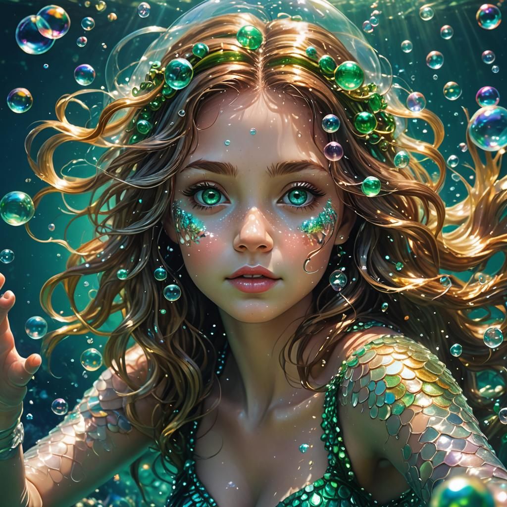 Underwater Mermaid with Emerald Eyes in Splash Art Style