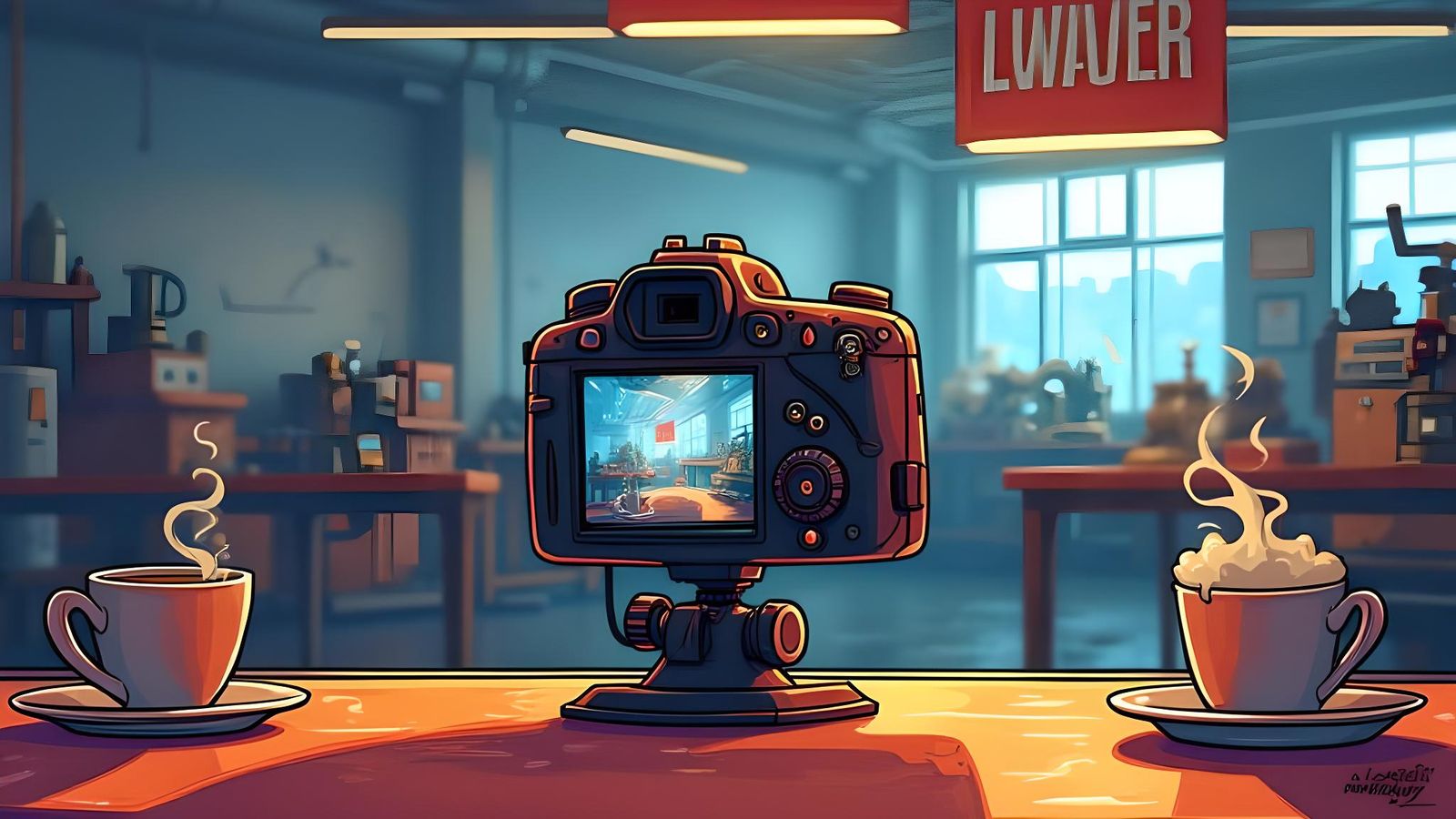 Vibrant Camera on Table, Speedart Style