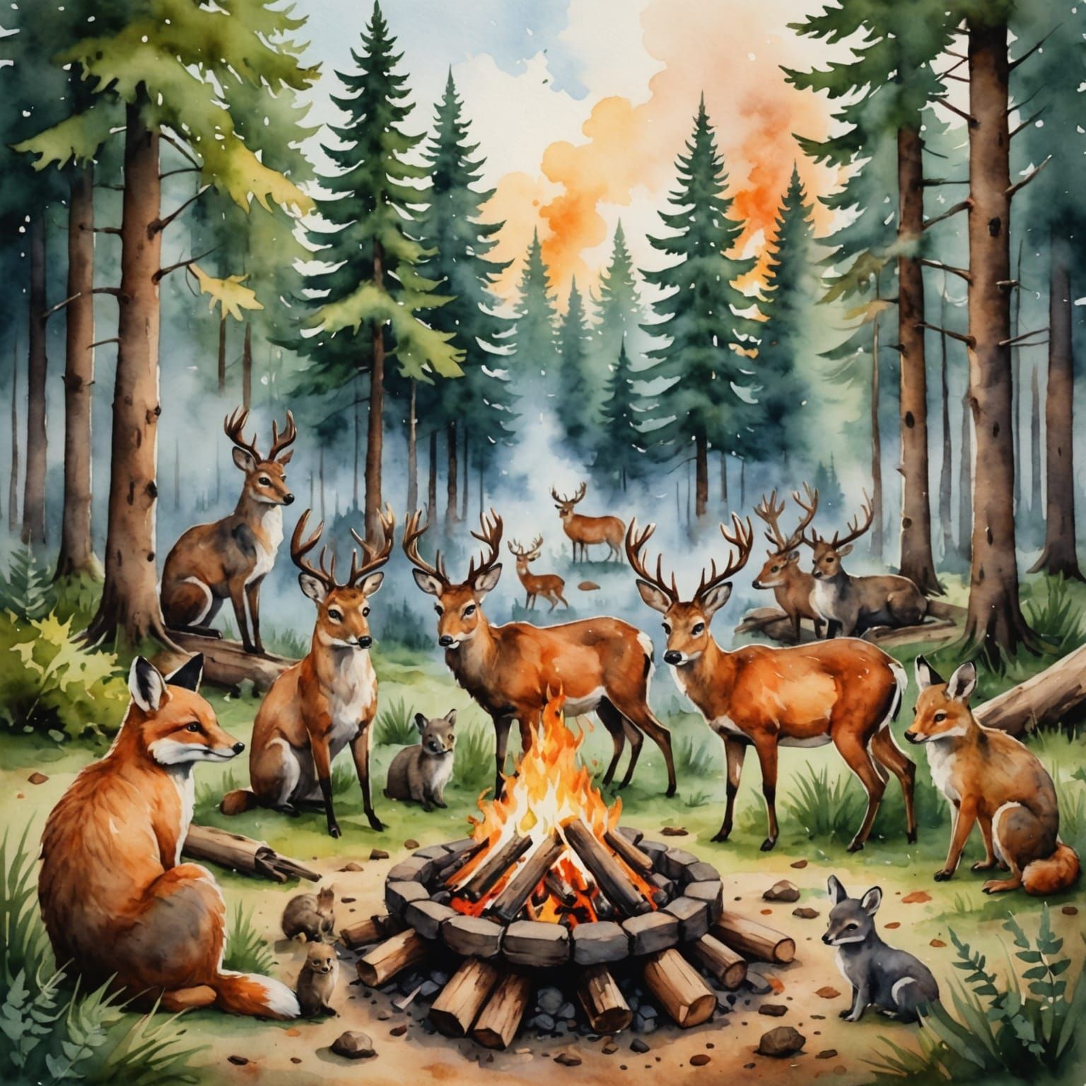 Wild Forest Creatures Gather Around a Watercolor Campfire