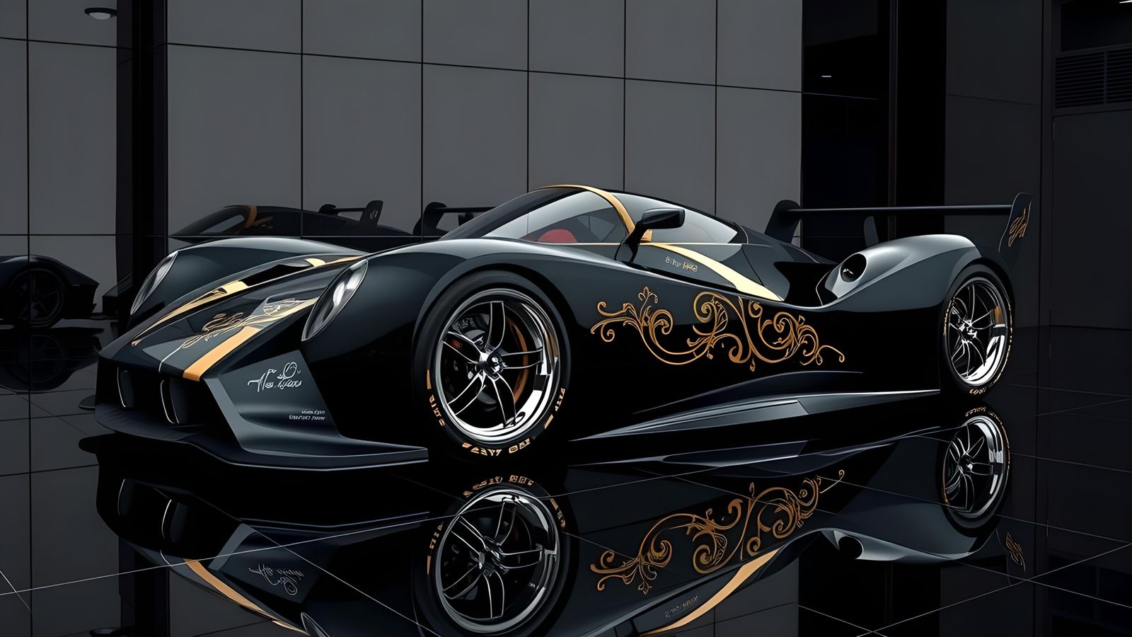 Detailed Black Art Deco Supercar in Mirrored Room