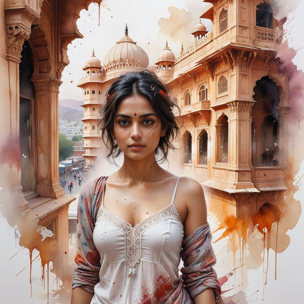 Surreal Jaipur Cityscape at Sunset in Vibrant Watercolour