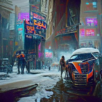 Snowy New York City in Cyberpunk Oil Painting