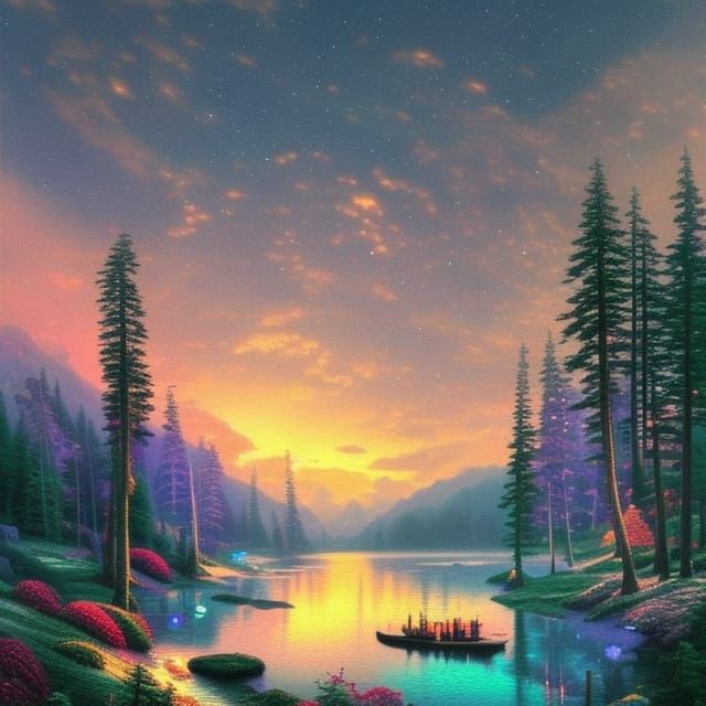 Mystic Lake and Forest in Northern Lights, Kinkade Style
