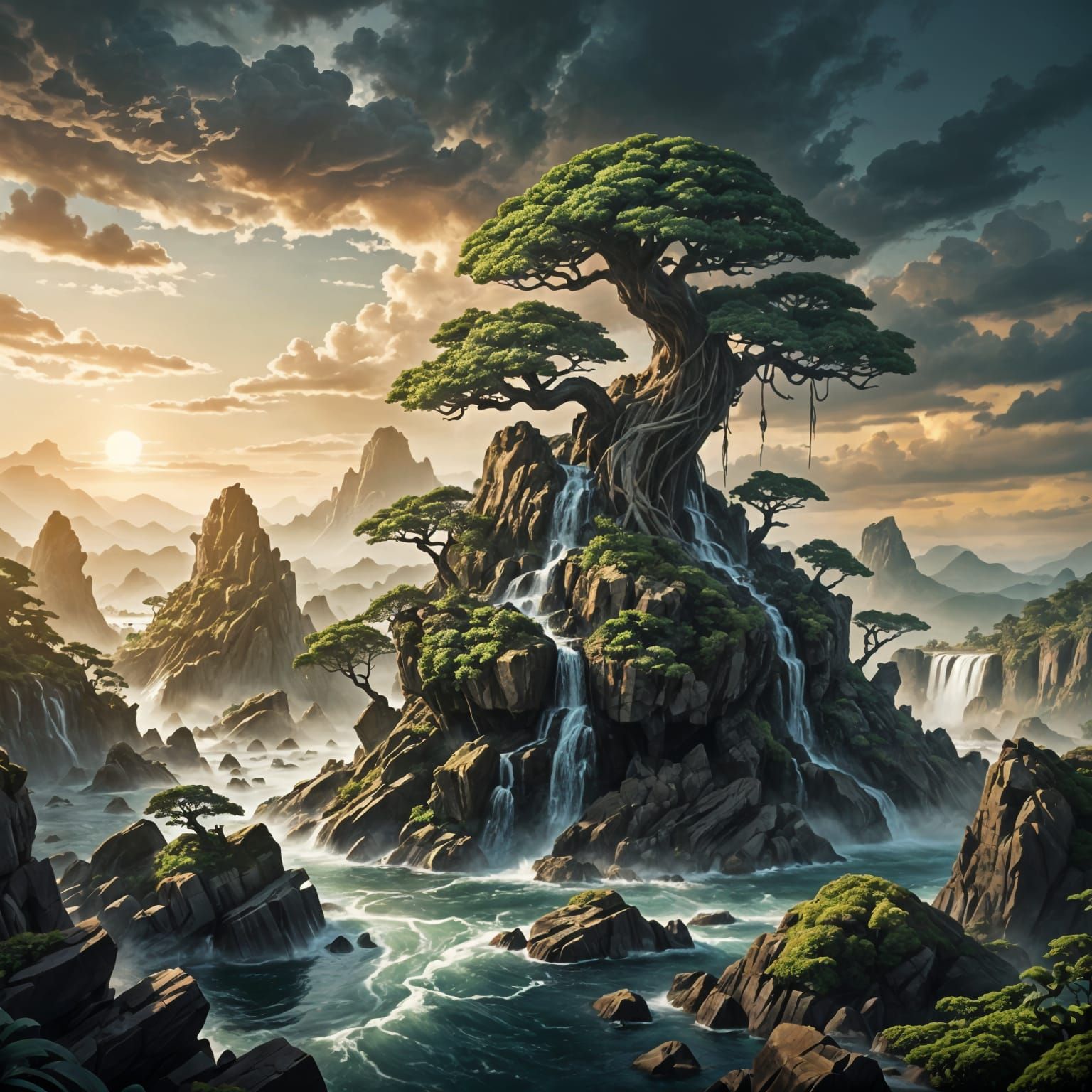 Bonsai Island with Waterfall and Rock Formations