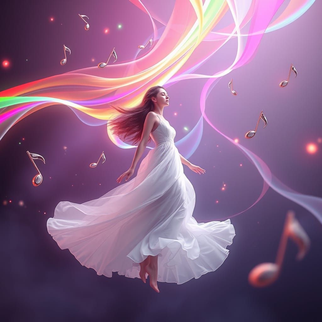 Ethereal Woman Surrounded by Musical Notes in Dreamy Light