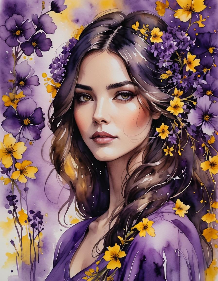 Brunette with Ramonda Flowers in Floral Watercolor