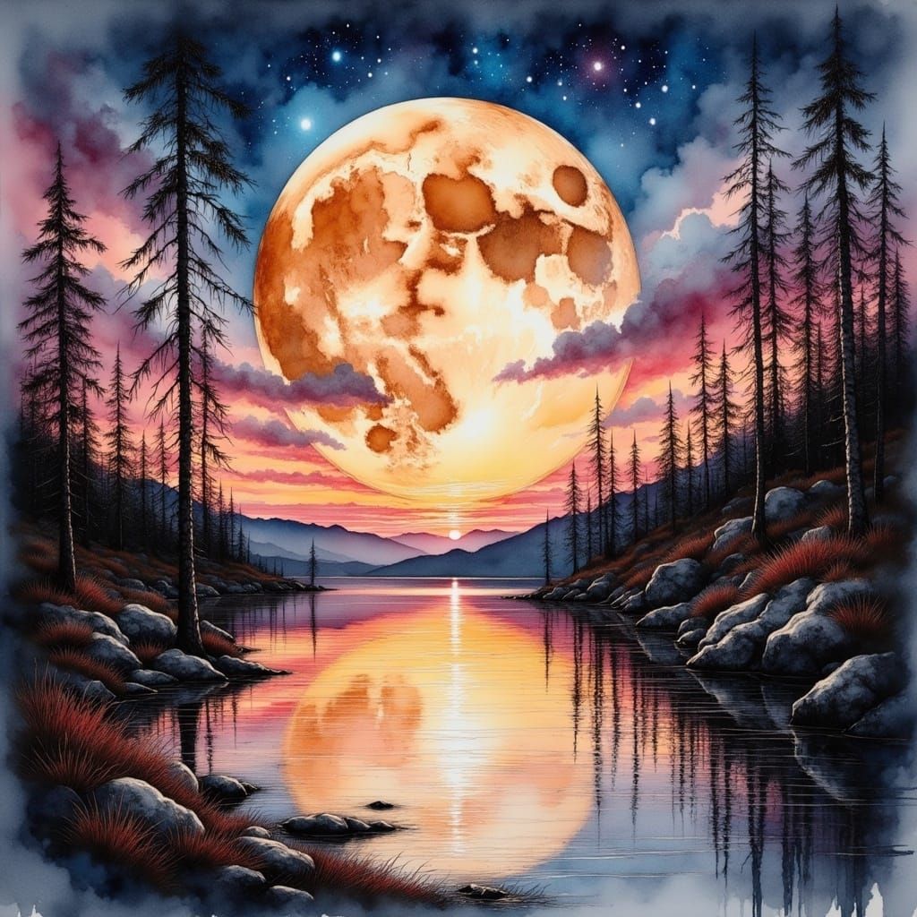 Vibrant Hunter's Moon Reflected in Serene Lake Waters