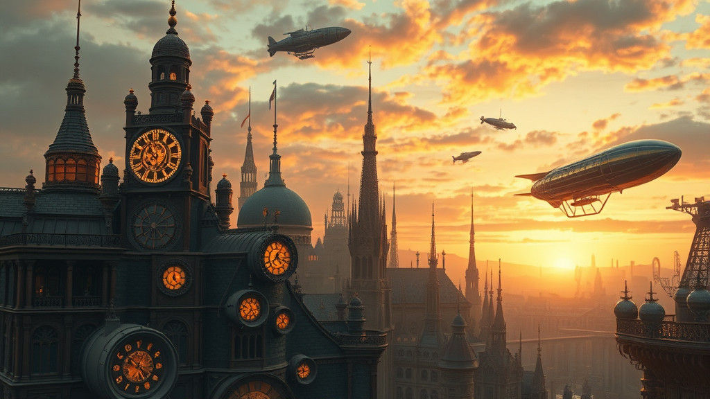 Steampunk Cityscape at Dusk in Oil Painting Style