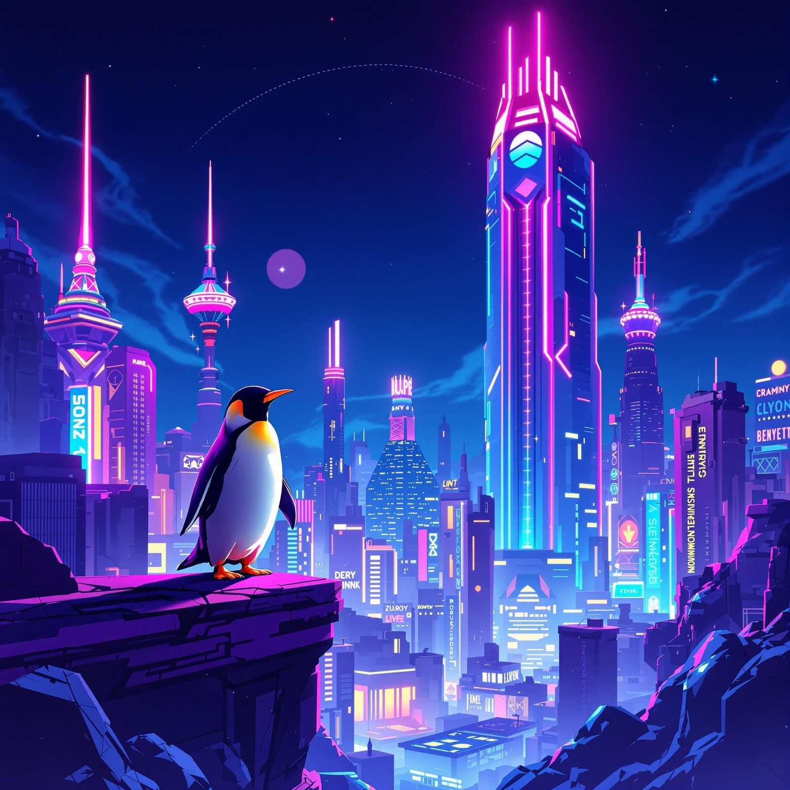 Neon Penguin in Retro-Futuristic Metropolis