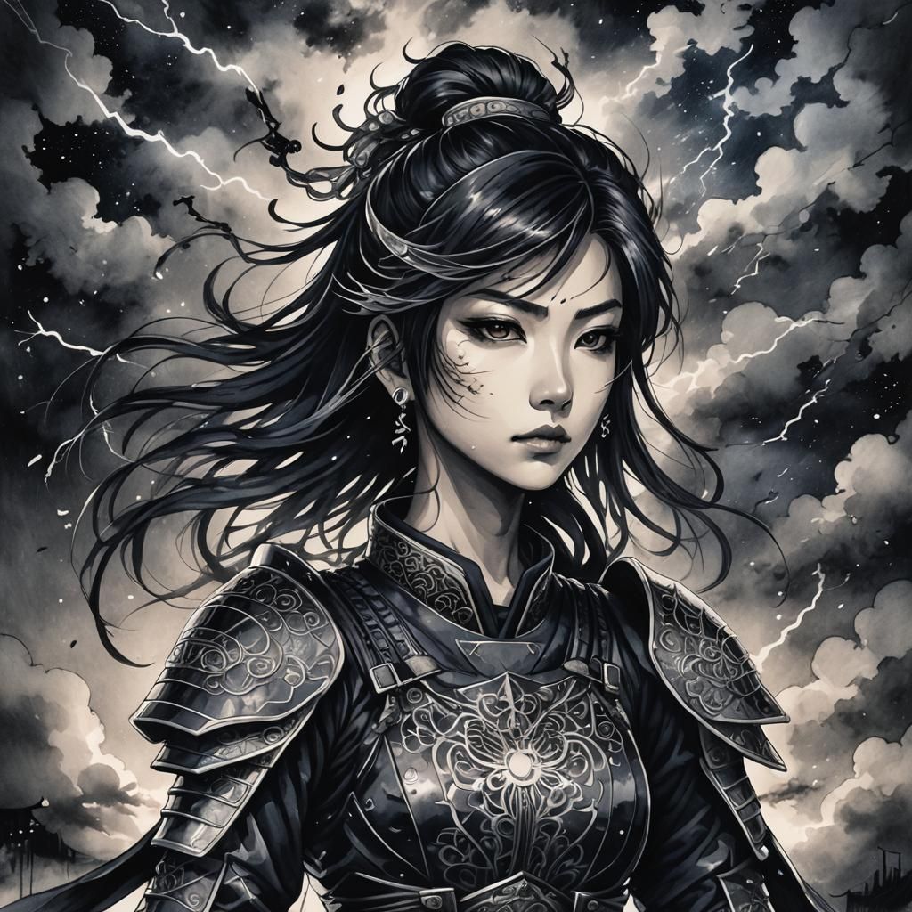 Dark Fantasy Samurai Woman Portrait in Anime Style