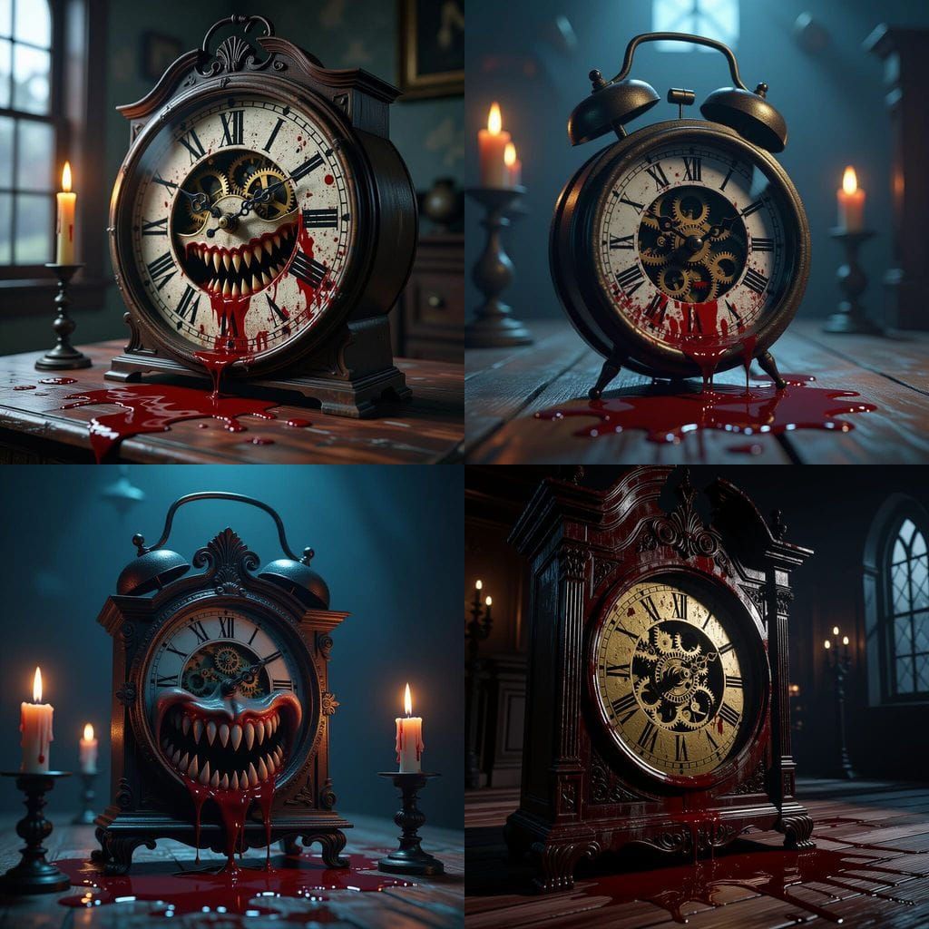 Eerie Antique Clock with Teeth and Dripping Blood