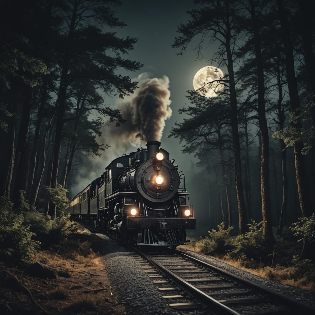 Steam Locomotive Train at Night: Cinematic Film Still