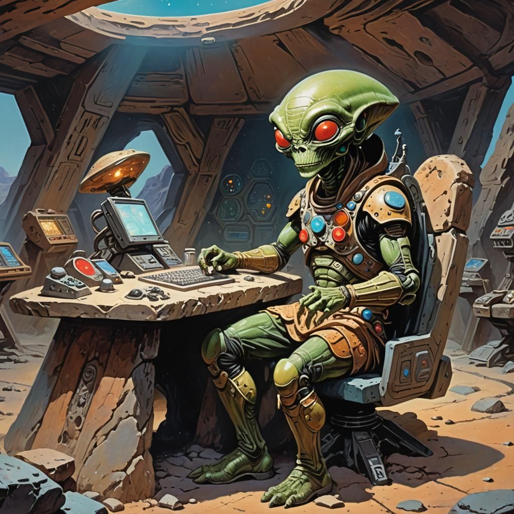 Alien Commander in Stone Age UFO, Frazetta Style