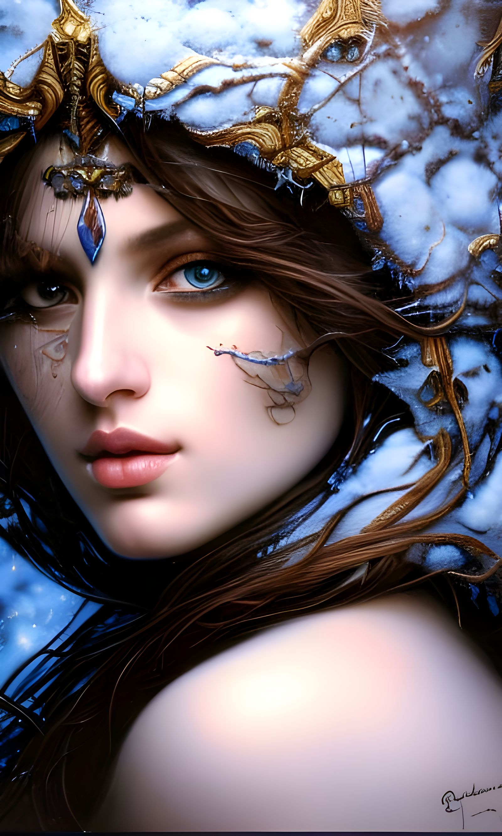 Blue Winter Goddess Blizzard Portrait in Digital Art Style