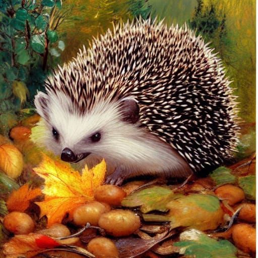 Hedgehog's Autumn Harvest in Sun-Dappled Forest
