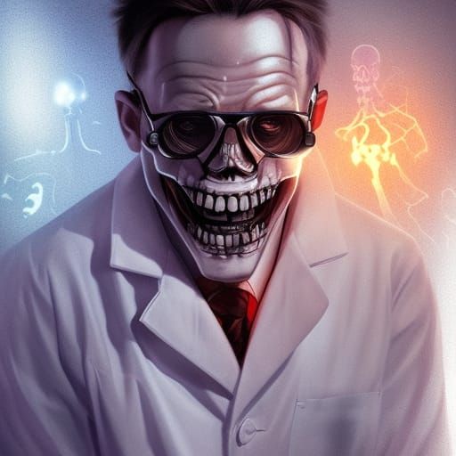 Grinning Scientist with Glowing Skeleton, Sinister Art